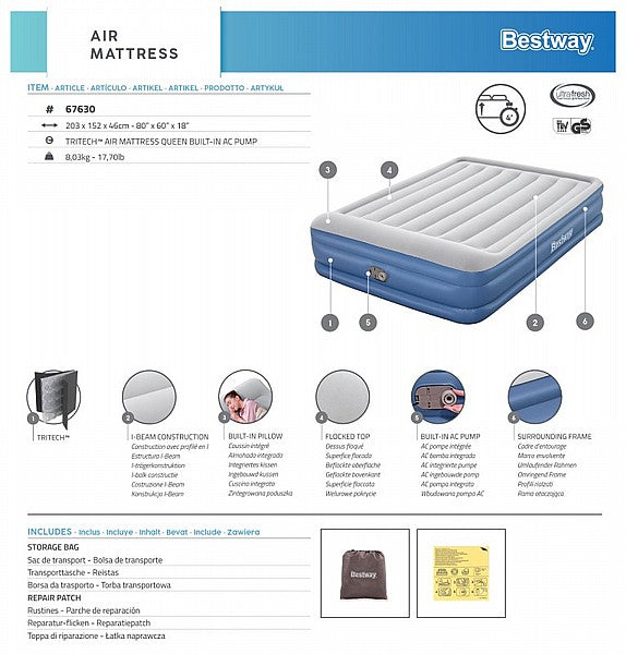מזרן מתנפח QUEEN זוגי עם משאבה מובנית BESTWAY דגם 67630